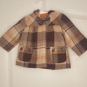 ELLE Brown Plaid Winter Coat Hood Vintage Style Retro